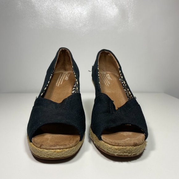 Toms Women Shoes Twill Espadrilles Cork Peep Toe Wedge Black Sz 7 - Picture 2 of 16